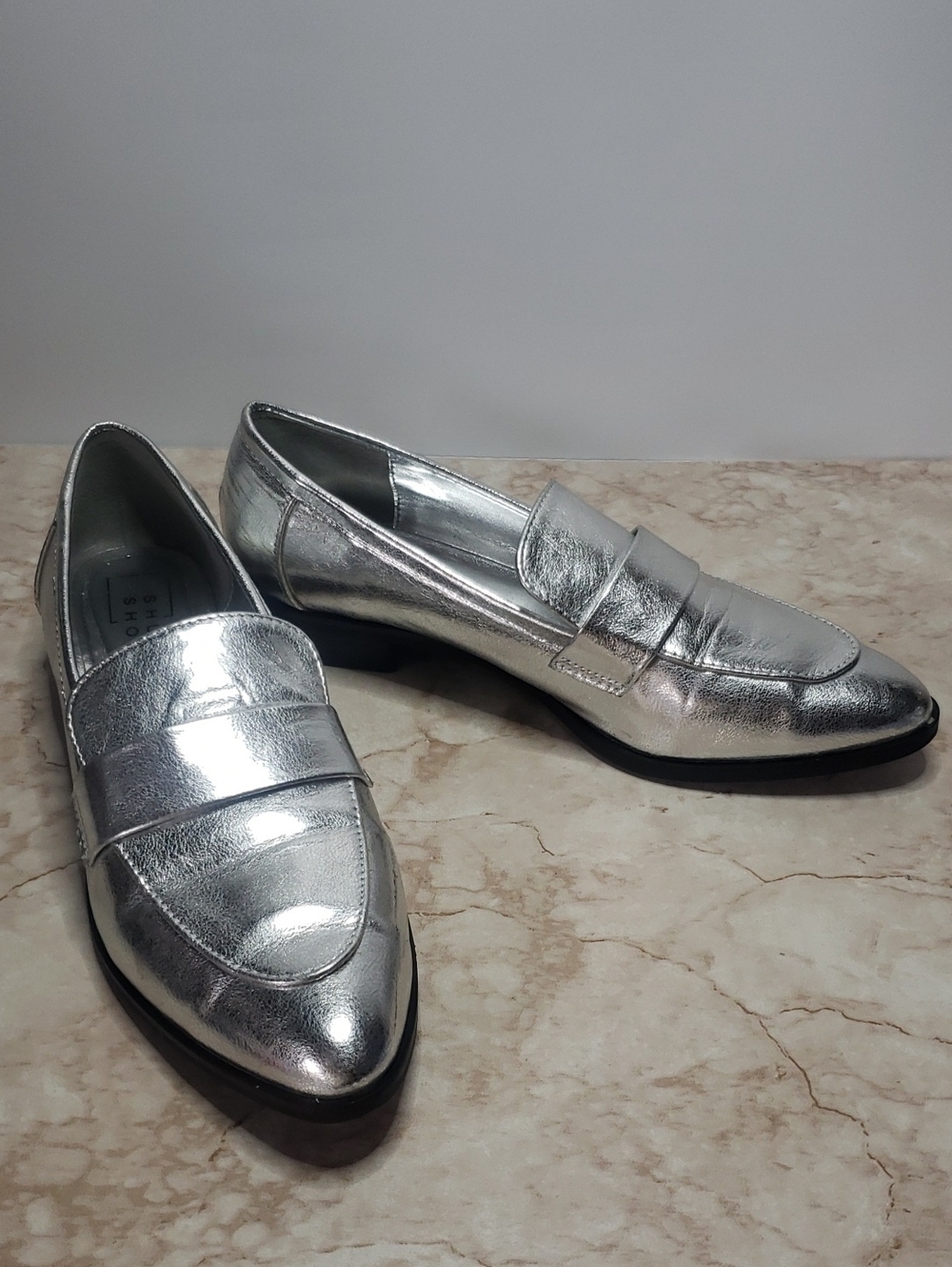 Shu Shop Tania Chrome Silver Leather Penny Loafers 8.5